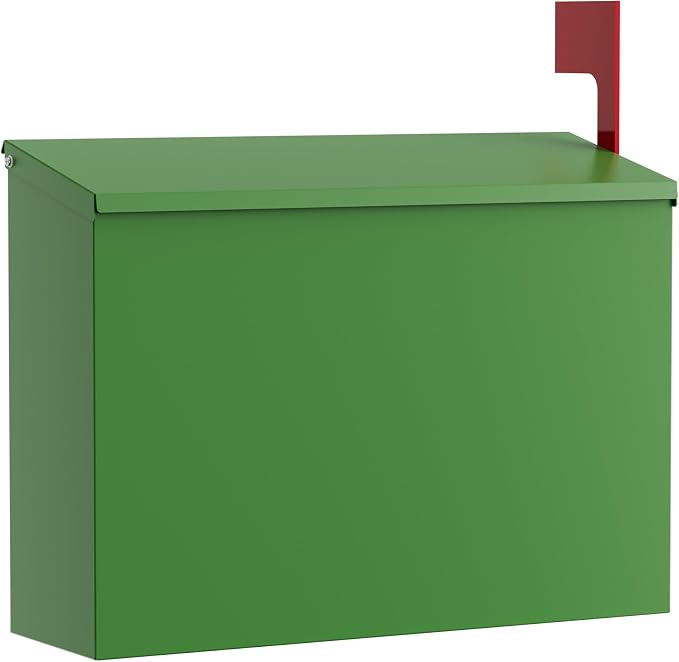 Wall-Mount Mailbox for Outside, Large Capacity Rust-Proof Mail Box with Stay-Open Lid & Red Flag Kit, Galvanized Steel Weather-Resistant Post Box for House Outside, 10.5"x4.3"x14.2", Green