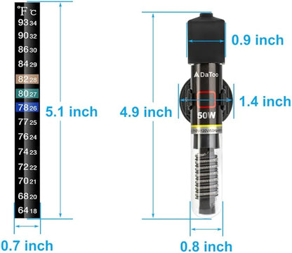 DaToo Mini Aquarium Heater 50W Small Fish Tank Heater 50 Watt with Free Thermometer Sticker