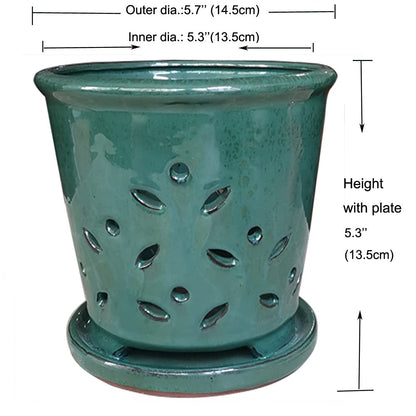 Ceramic Orchid Pots with Holes 6 Inch, Round Green Ceramic Orchid Pot with Saucer, Ceramic Air Plant Pot with Holes, Butterfly Pot Saucer Windowsill Contemporary Home Decoration, Forest Green