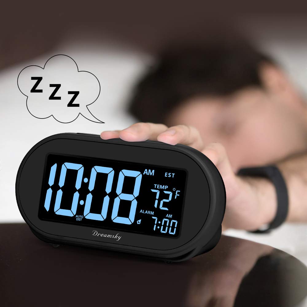 DreamSky Alarm Clocks for Bedrooms, Auto Set Digital Desk Clock for Bedside Nightstand, Electric Clock with Dimmable Brightness Dimmer, Auto DST, USB Port, Date, Temperature, Snooze