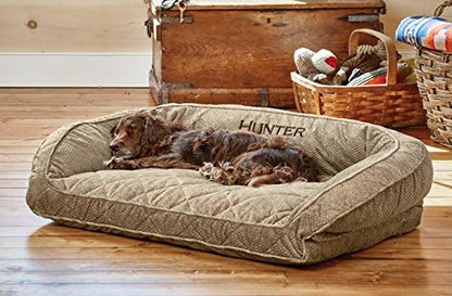Orvis Comfort Fill-Eco Couch Dog Bed – Plush Three-Sided Bolster with Comfort Fill-Eco Cushion, Quilted Cover, Zip-Off & Machine Washable, Brown Tweed - Medium