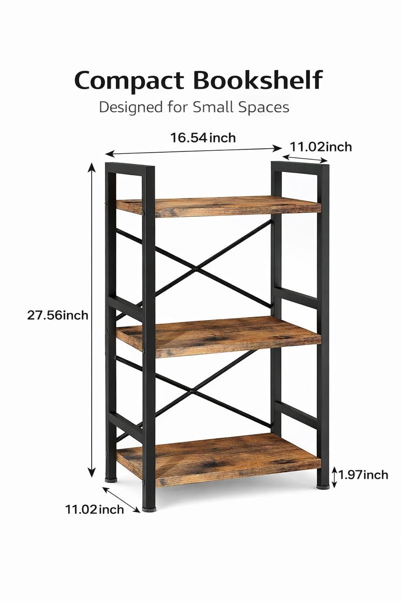 Orchidleaf Small Bookshelf for Small Spaces, 3-Tier Industrial Bookcase with Metal Frame and Wood Shelves, Narrow Storage Shelf for Living Room, Bedroom, Apartment