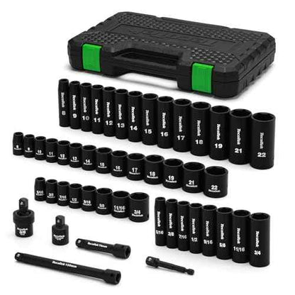 3/8" Drive Impact Socket Set, 49-Piece SAE (5/16"-3/4") and Metric (8mm-22mm), 6 Point, Cr-V, Extension Bars, 1/2" F to 3/8" M Reducer, Universal Joint and Power Drill Adapter
