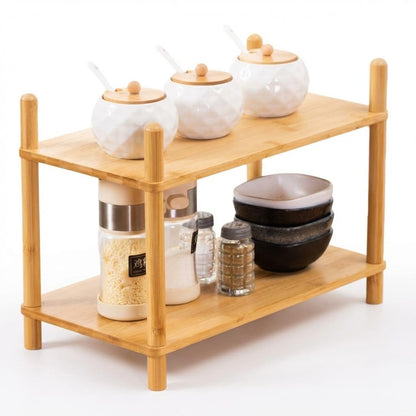 WooFawn 2-Tier Expandable Bamboo Desktop Organizer Shelf Kitchen Cabinet and Counter Riser Display Shelf for Top of Desk Home Office Bathroom Coffee Table Display Stand,Natural