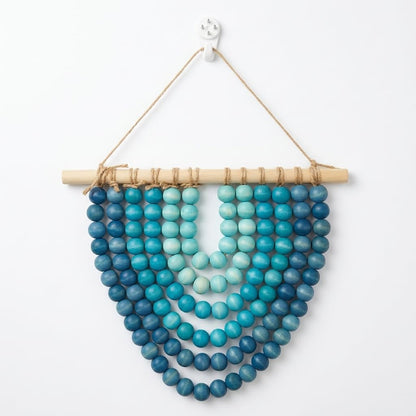 Boho Wooden Bead Garland Wall Hanging Tapestry Ombre Blue Gradient Handmade Wood Beaded Macrame Wall Art Natural Theme Wall Decor for Living Room Bedroom Nursery Dorm Coastal Home Office Decoration