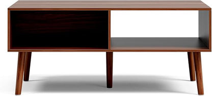 LCRBOL Coffee Table with Storage, Mid Century Dining Table with Sliding Fluted Door and Solid Wood Legs, Small Coffee Tables for Living Room, Walnut