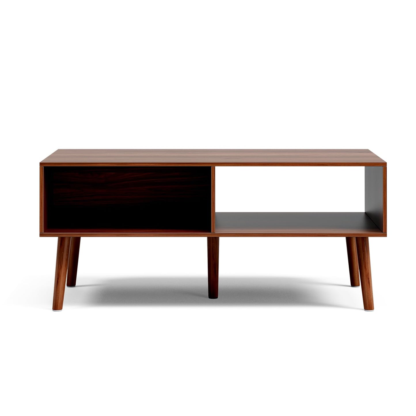 LCRBOL Coffee Table with Fluted Sliding Door, Mid-Century, Walnut