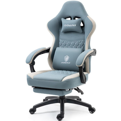 Dowinx Gaming Chair Breathable Fabric Game Chair with Gel Pad and Storage Bag, Comfortable Gamer Chair with Pocket Spring Cushion, Ergonomic Computer Chair with Footrest, Blue