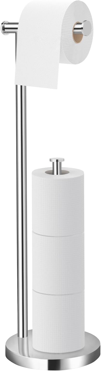 Toilet Paper Holder Stand, Bathroom Toilet Paper Stand with Large Reserve, Non Tipping Weighted Free Standing Toilet Paper Holder, Rustproof & Anti-Corrosion Chrome Toilet Paper Holder Free Standing