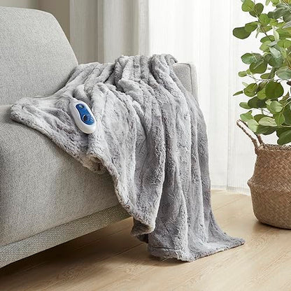 Beautyrest Zuri Reversible Faux Fur to Mink Electric Blanket, Auto Shut Off, Virtually Zero EMF, Multi Heat Setting, UL Certified, Machine Washable, Natural Marble Throw 50x70