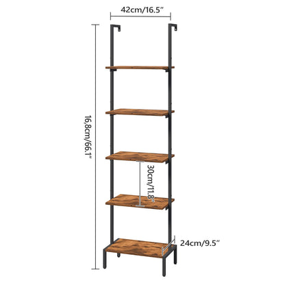 MAHANCRIS Ladder Shelf, 5-Tier Bookshelf, Ladder Bookcase with Wall Mount, Heavy Duty Industrial Style Storage Rack for Living Room, Office, Kitchen, Bedroom, Rustic Brown and Black LSHR5501