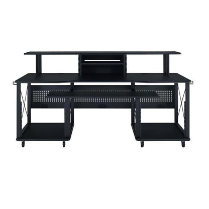BOWERY HILL Music Desk, 72" L x 30" W x 40" H, Metal and MDF with Black Finish, Shelves and Compartments, Pull-Out Keyboard Tray, Cord Management, Multi-Function Desk for Home Studio or Office Use
