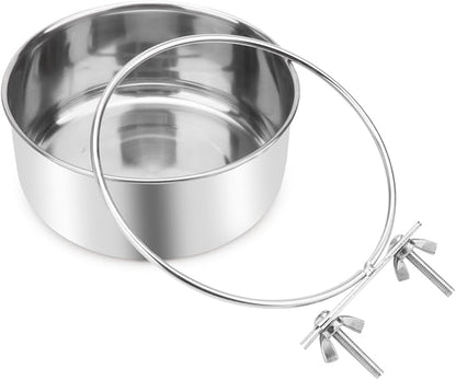 Wontee Pet Food Water Bowl with Clamp Holder Stainless Steel Feeding Cups Feeder for Dog Bird Parrot Cat Rabbit, 2 Packs (L)