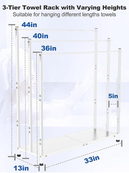 Extra Large Free Standing Towel Rack with Metal Storage Shelf & 6 Hooks for Bathroom, 3 Tiers Heavy Duty Blanket Drying Stand Holder for Outdoor Pool, Bedroom, Living Room, White