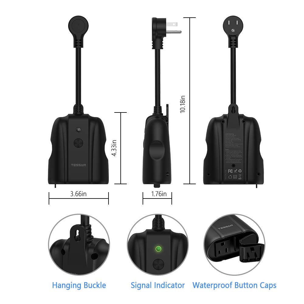Outdoor Smart Plug Waterproof, TESSAN WiFi Smart Outlet Switch with 3 Individual Sockets Compatible with Alexa Google Home, Remote Control and Timer Function, 2.4GHz Wi-Fi Only