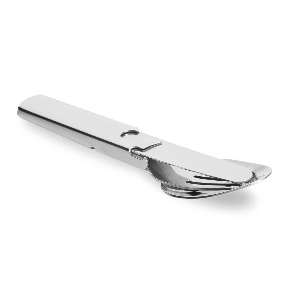 M‑Tac 4‑in‑1 Camping Utensil – Spoon, Fork, Knife & Bottle/Can Opener Combo – Compact Stainless Steel for Hiking & Survival