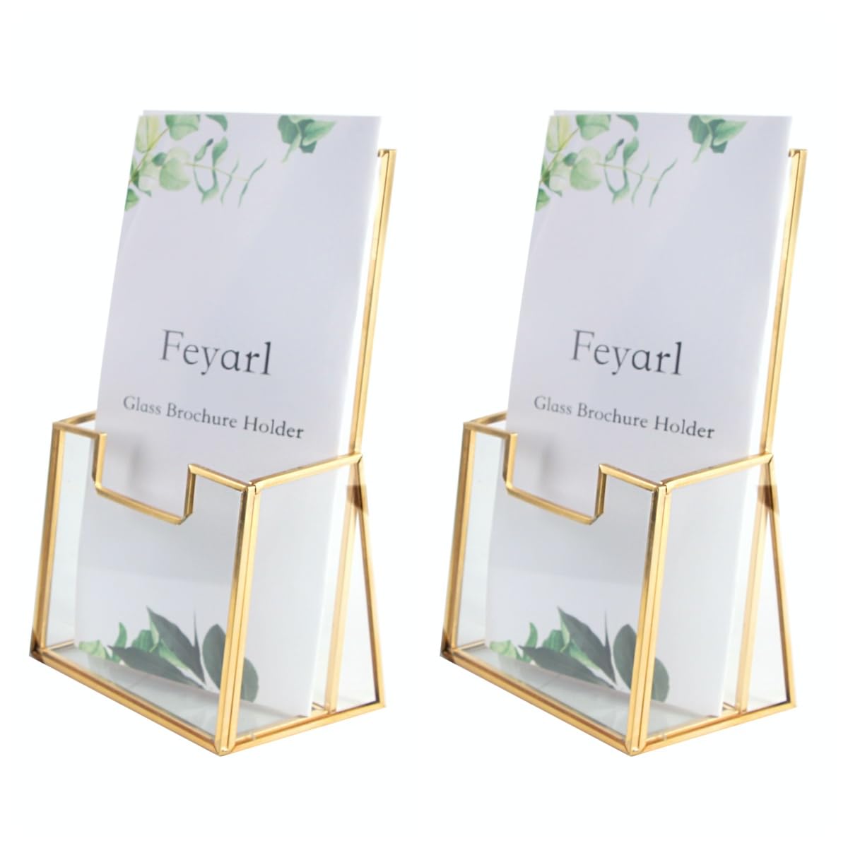 Feyarl 2 Pack Gold Glass Trifold Brochure Holder 4 Inch Flyer Pamphlet Display Stand for Office Reception Desk Countertop Literature Rack