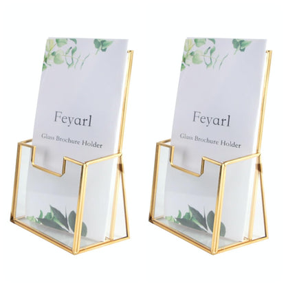 Feyarl 2 Pack Gold Glass Trifold Brochure Holder 4 Inch Flyer Pamphlet Display Stand for Office Reception Desk Countertop Literature Rack