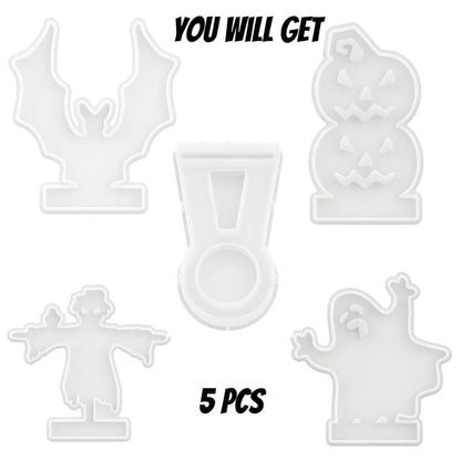 DoDoIYia 5Pcs Casting Shadow Candle Holder Resin Molds Silicone, Halloween Pumpkin Scarecrow Ghost Bat Shadow Resin Tealight Candle Holder Mold, Epoxy Molds for DIY Silicone Casting Mould Home Décor