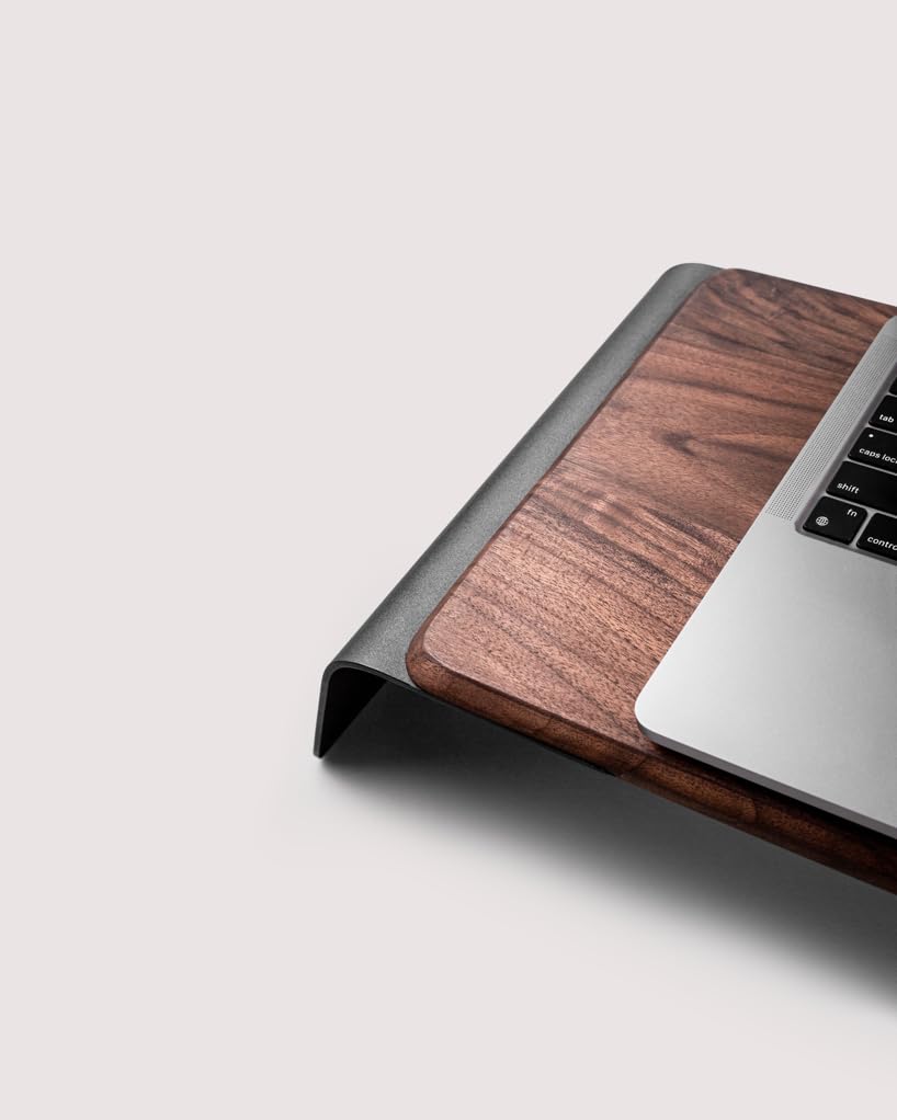 NOOE Laptop Stand Desk Top Table Holder, 10 Degree Angled, 46.5 x 22.5 in Working Space, American Walnut Wood, Aluminium, Anthracite Finish, NOOE_GFS01NEBKSS