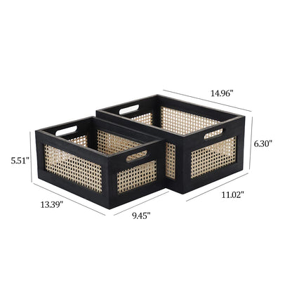 HODAKJUE Wood Baskets, Rattan Storage Baskets for Organizing, Black, Set of 2