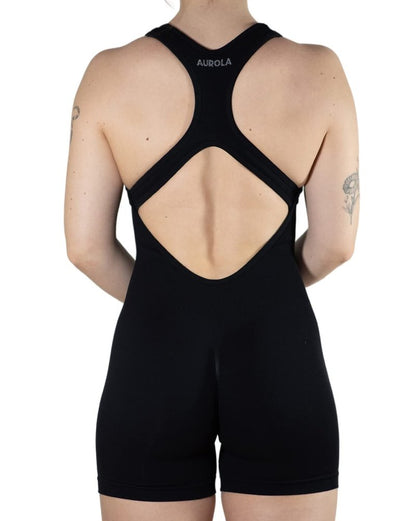 AUROLA Power Romper for Women Workout Yoga Gym Seamless One Piece Racerback Jumpsuit Tummy Control Padded Sports Bra,Black,M