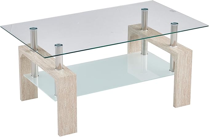 Living Room Rectangle Coffee Table, Tea Table Suitable for Waiting Room, Modern Side Coffee Table with Wooden Leg, Glass Tabletop with Lower Shelf (Yellow Travertine)
