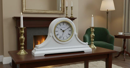 vmarketingsite Mantel Clocks, Battery Operated, Silent Wood Table Clock with Westminster Chimes On The Hour, Solid Wooden Shelf Chiming Mantle Clock, 9" x 16" x 3" (White - Roman Numerals)