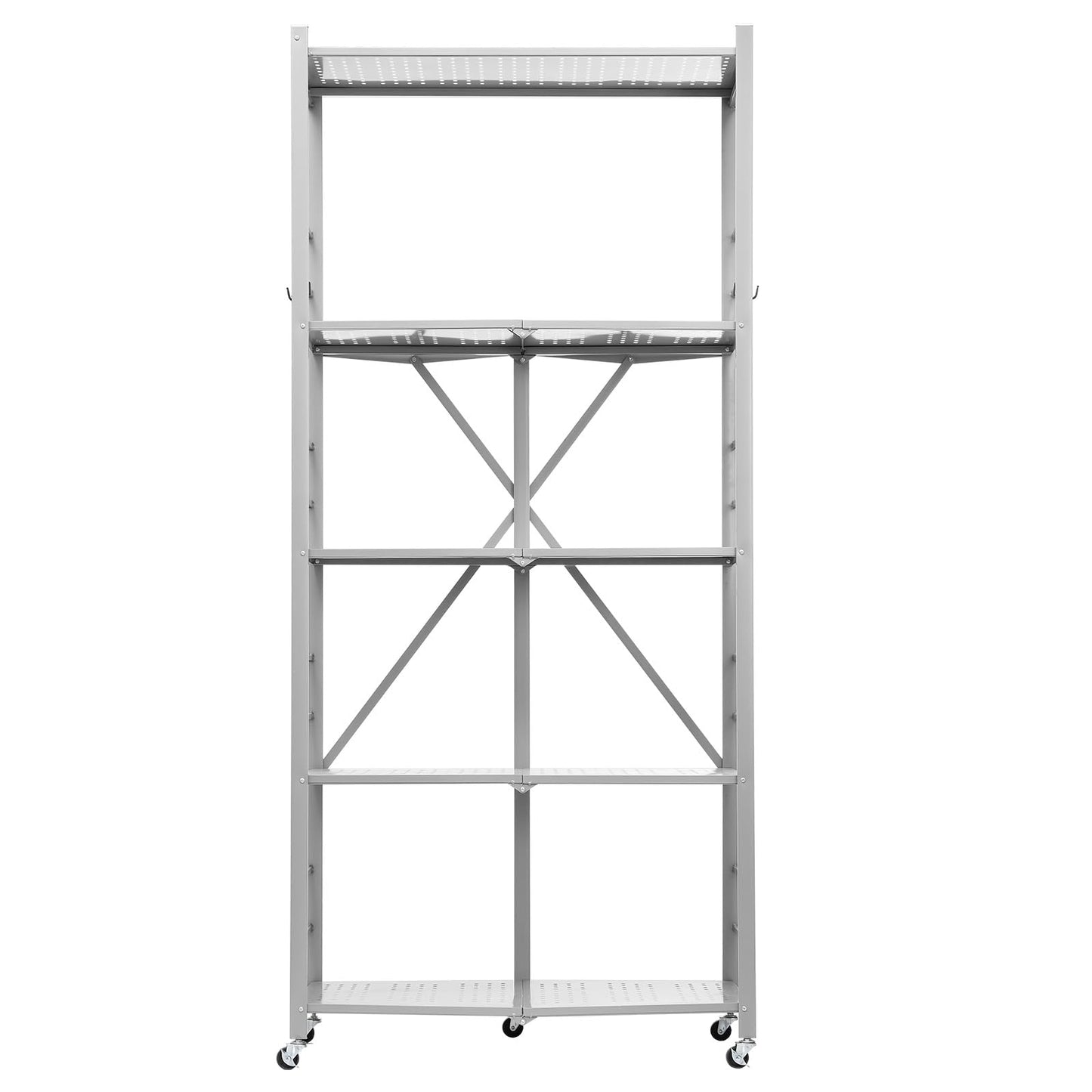 VEVOR 5-Tier Foldable Storage Shelf, 32W x 14D x 72H Inch Folding Metal Rack Shelving Unit, Heavy Duty No Assembly Organizer Shelf with 5 Wheels & 4 Hooks for Pantry, Kitchen, Garage, Basement, Grey