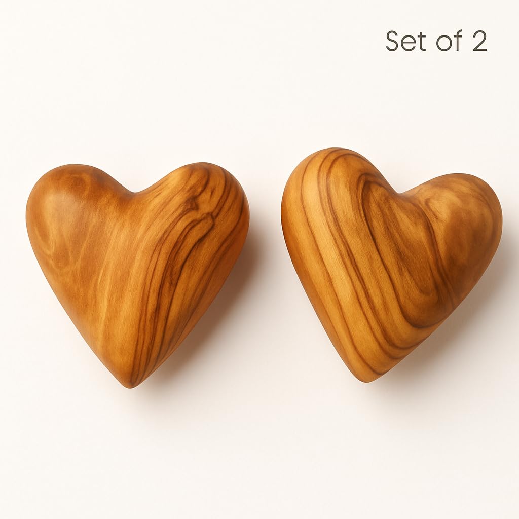 Zuluf Set of 2 Olive Wood Hearts 2 x 2 Hand Carved Wooden Heart Rustic Farmhouse Table Centerpiece Wedding Decoration Valentine Home Gift Sympathy Keepsake Made in Bethlehem w/Certificate