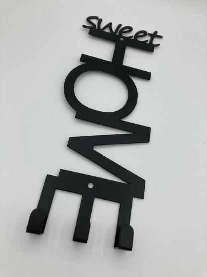 Sweet Home Wall Key Holder with 3 Hooks, Black Metal Decorative Key Hanger, 2 Installation Options