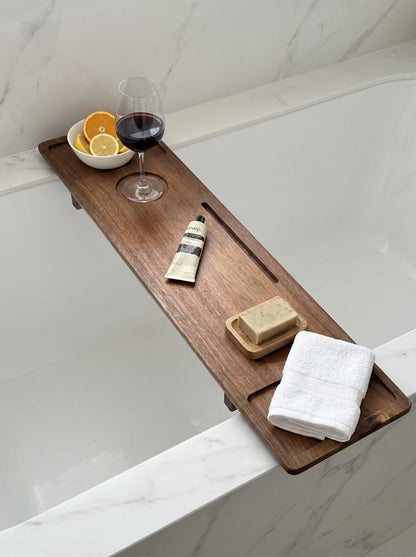 Luxury Wooden Bathub Caddy Tray - Premium Natural Acacia Bath Organizer with Wine Glass Holder, Tablet Slot and Phone Mount - Expandable Spa Board to Fit Most Tubs