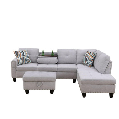 UOCFYK L-Shaped 3-Piece Flannel Sofa with Ottoman, Sectional Couch Set for Living Room, Office, Apartment, with Cup Holder, Grey White