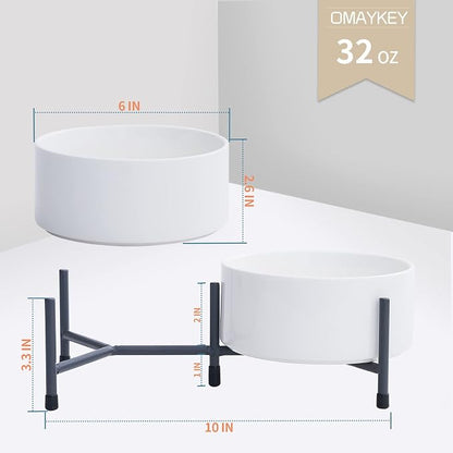 32 oz Ceramic Dog Bowls with Metal Stand, 6 Inch Pet Food and Water Dish | Bowl Dishwasher and Microwave Safe, 2 Heights, for Cats & Dogs, Prevent Neck Fatigue, White