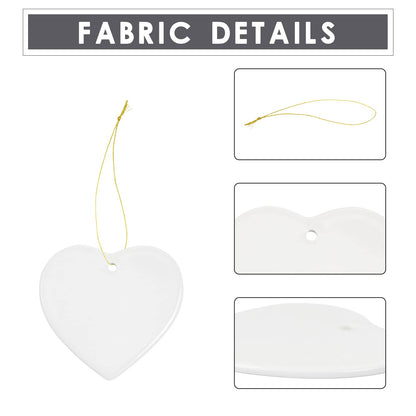 MAIKESUB 10 PCS Sublimation Blank Ceramic Ornament Heart Shaped Ornament 2.9 Inch White Heart Shapet with red String for Crafting Christmas Tree Decor for DIY Personalized Home Decor Bulk