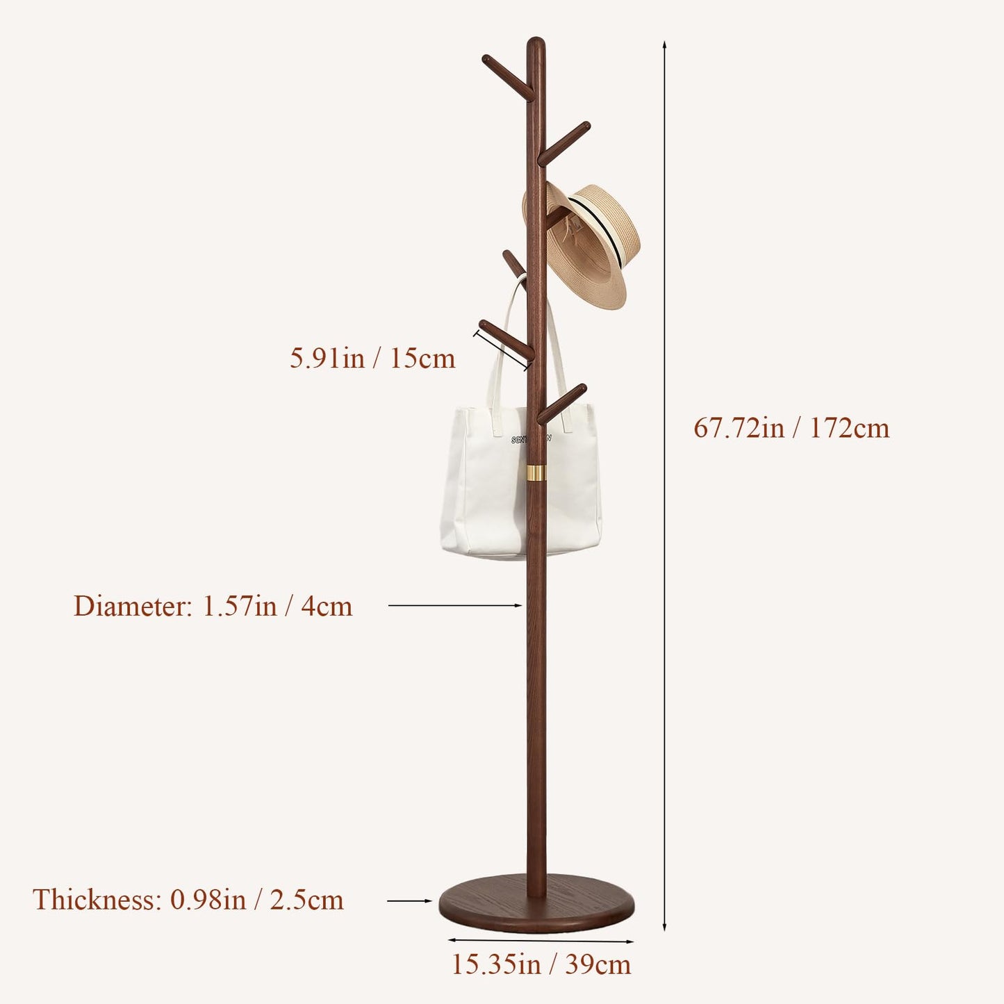 Homruilink Coat Rack, Solid Wood Coat Rack Freestanding with 6 Hooks, Wooden Coat Tree Freestanding for Hats, Handbags, Coat Stand for Entryway, Bedroom, Hallway - Fathers Day Gift for Dad (Walnut)