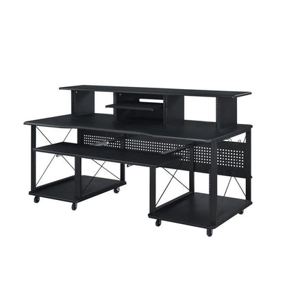 BOWERY HILL Music Desk, 72" L x 30" W x 40" H, Metal and MDF with Black Finish, Shelves and Compartments, Pull-Out Keyboard Tray, Cord Management, Multi-Function Desk for Home Studio or Office Use