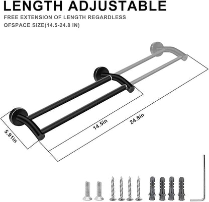 MGahyi Adjustable Double Towel Bar 14.5-24.8Inch, Matte Telescopic Stainless Steel Wall Mount Towel Holder, Rustproof Towel Rack for Bathroom Kitchen RV Laundry Hotel (Black, Double-Bar)