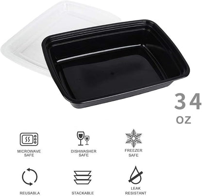 50-Pack Food Prep Containers, 1000ML/ 34 OZ Microwavable Food Storage Containers