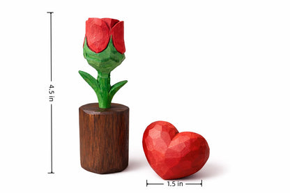 WOODEN ISLANDS Hand-Carved Wooden Flower with Red Heart - Handcrafted Everlasting Wood Sculpture - 5th Anniversary, Valentine's Day, Birthday Gift for Her - Gift Box Included (Red Rose)