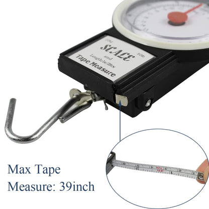 JSHANMEI Digital Hanging Scale Mechanical Kitchen and Fishing Scale Multi-Purpose Portable Hand Held Dial Weight Scale with Tape Measure (50 Lbs / 22Kg)