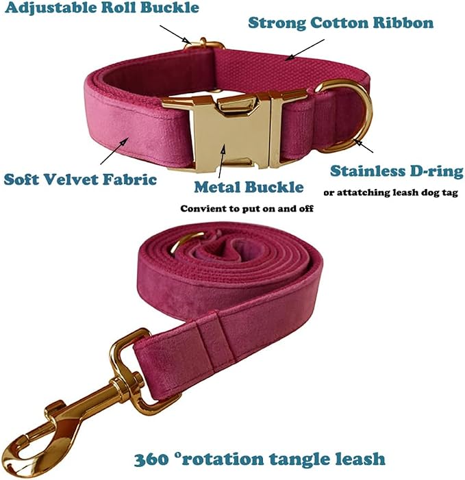 Love Dream Velvet Dog Collar and Leash Set, Soft & Comfy Adjustable Dog Leash and Collar with Heavy Duty Metal Buckle for Small Medium Large Dogs Training & Walking (XLarge, Rose)