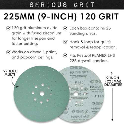 Serious Grit - 225mm 9-Hole 120 Grit Drywall Sanding Discs - Fits Festool Planex LHS 225 Sanders - Heavy-Duty Hook & Loop Film Abrasives - Dust-Free Multi-Hole Drywall Sander Sandpaper - 25 Pack