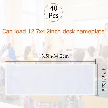 40 PCS Nameplate Pocket,13.5 x 4.7 Inch Adhesive Desk Nameplates Name Tag Pocket Clear Desk Name Tag Sleeves for Classroom (Thickness:7 mils)
