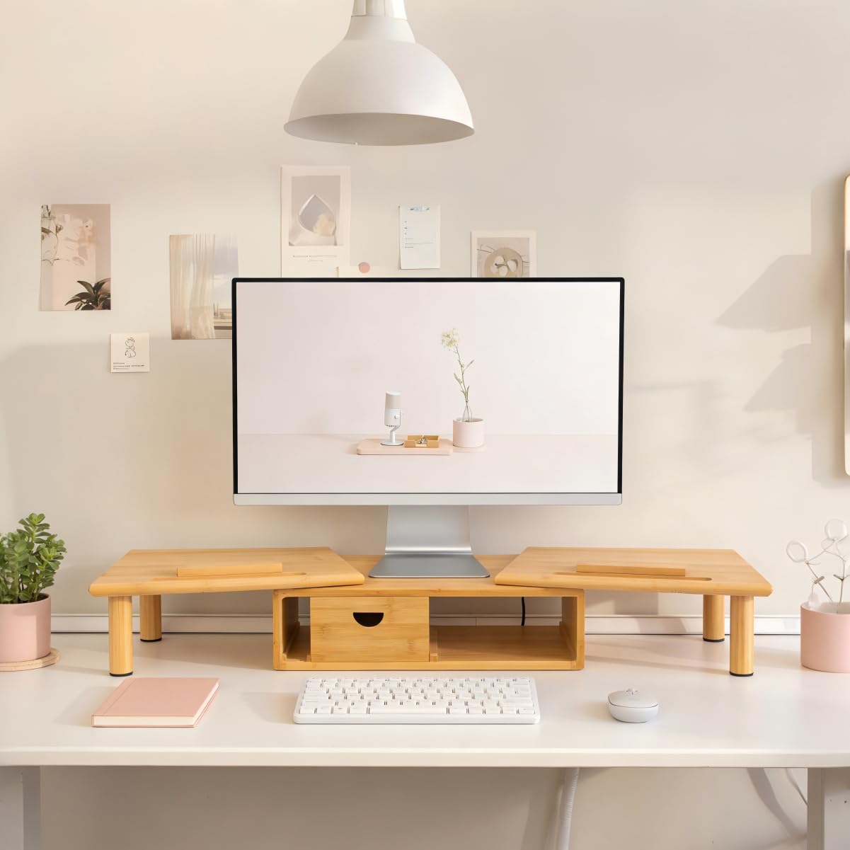 ROCDEER Dual Monitor Stand Riser with Drawer for Desk Laptop Desk Shelf with Adjustable Length and Angle, Bamboo Computer Stand Riser for 2 or 3 Monitors Screen Laptop PC TV -Natural