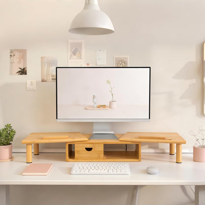 ROCDEER Dual Monitor Stand Riser with Drawer for Desk Laptop Desk Shelf with Adjustable Length and Angle, Bamboo Computer Stand Riser for 2 or 3 Monitors Screen Laptop PC TV -Natural