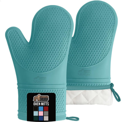 GORILLA GRIP BPA-Free Soft Silicone Oven Mitts and Pot Holders Sets, Heat Resistant Waterproof Cooking Gloves, Thick Cotton Lining, Flexible Gripping for Baking Grilling, Kitchen Trivets, Turquoise