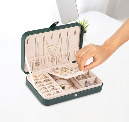 LANDICI Small Jewelry Box for Women Girls, PU Leather Travel Jewelry Organizer Case, Jewellery Storage Holder Display for Ring Earrings Necklace Bracelet Bangle Watch Men Kids Gift, Blackish Green