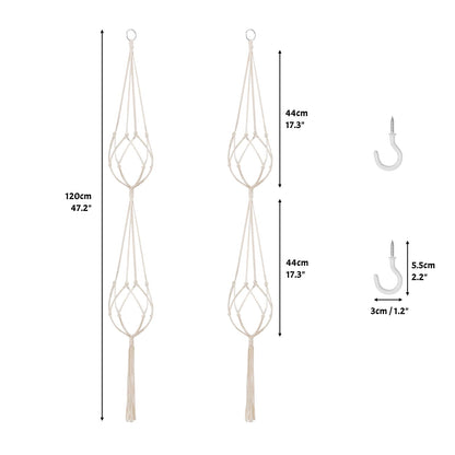 SNAIL GARDEN 2 Tier Macrame Plant Hanger, 2Pack Double Plant Hangers with Tassel Indoor Outdoor Hanging Planter Basket Handmade Cotton Rope Hanging Planters Set with 2Pcs Hooks for Boho Home Decor