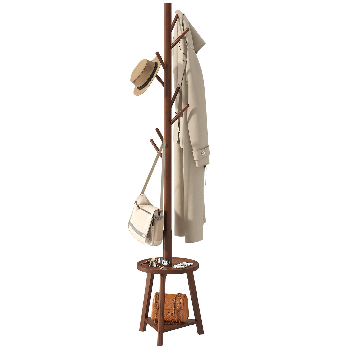 BMOSU Coat Rack freestanding Stand with 2 Shelves Bamboo Wooden Coat Tree Easy Assembly 8 Hooks Standing Jackets Hanger Hallway Office Floor Coat Stand Brown